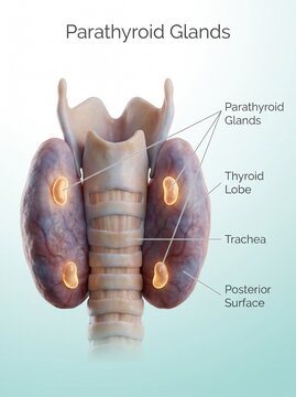 The thyroid region with a detailed view of the parathyroid glands and surrounding anatomical structures.