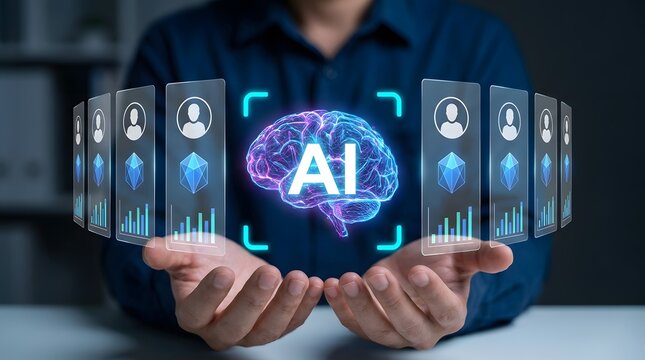 AI-driven talent assessment and employee evaluation. Intelligent analysis of performance metrics. Professional businessperson presenting artificial intelligence graphics and analytics.
