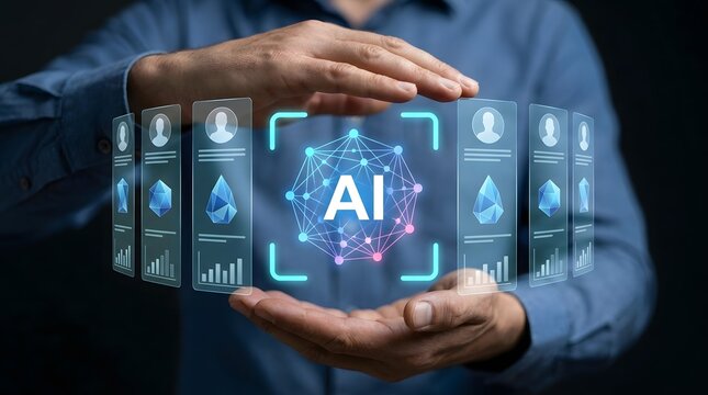 AI-driven talent assessment and employee evaluation. Intelligent analysis of performance metrics. Professional businessperson presenting artificial intelligence graphics and analytics.