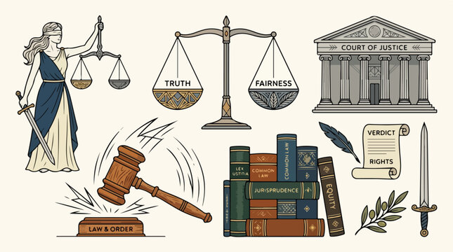 Illustration of justice symbols including Lady Justice, scales, gavel, books, and court building on a beige background with a legal theme.