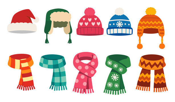 Collection of colorful winter scarves and knitted hats with various patterns, providing warmth during the holiday season