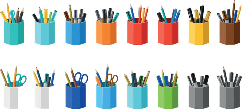 Flat vector collection of colorful desk organizers with pens pencils scissors and markers for office school education art supplies and stationery design elements isolated on white.