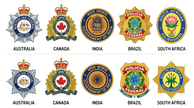 Collection of police badges from various countries including Australia, Canada, India, Brazil, and South Africa, arranged in two rows on a plain background.