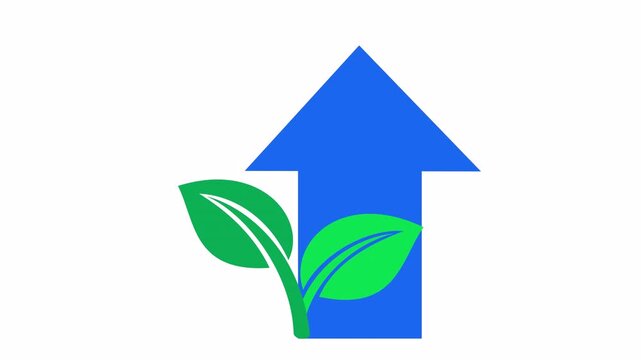 Green growth concept with a blue upward arrow and sprouting green leaves in a cartoon animation. Sustainable development and environmental success flat design for an eco-friendly business growth.