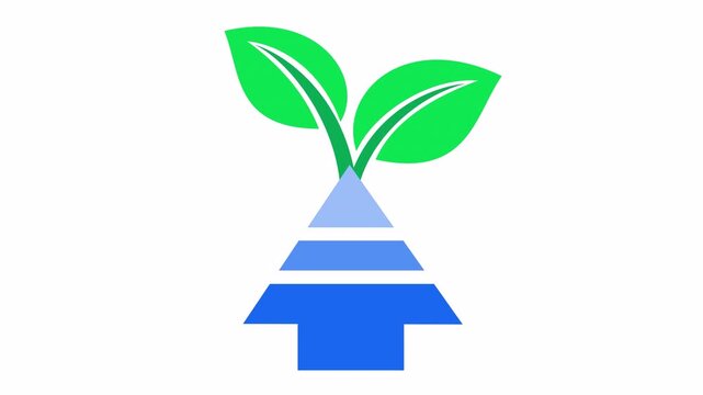 Green growth concept with a blue upward arrow and sprouting green leaves in a cartoon animation. Sustainable development and environmental success flat design for an eco-friendly business growth.