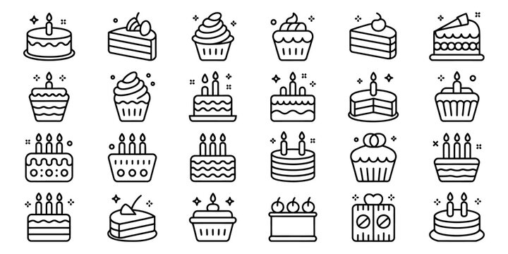 Birthday cake icons, cupcake doodles, celebration desserts, line art set