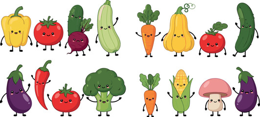 Vector collection of cute kawaii vegetable characters with faces for kids education healthy food nutrition and organic farm market design. © Mdjony
