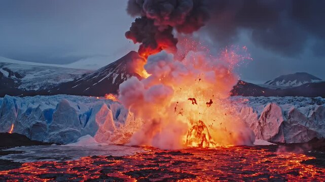 This dramatic scene captures the explosive eruption of molten lava meeting a frozen ice landscape, showcasing the stark contrast between fire and ice.