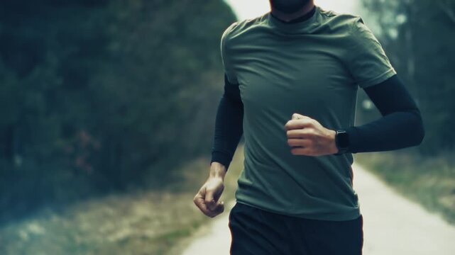 Athletic Runner Jogging on Forest Trail During Workout Routine.  Sportsman Training for Marathon