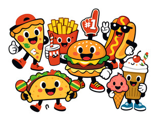 Naklejka premium Happy cartoon fast food and dessert character mascots having fun together, showing a diverse offering for restaurants