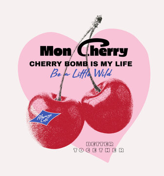 vintage grunge Vector Tee Shirt Print Design. Sweet cherry artwork. Cherry  print design. Fruit vector graphics. Food Fashion Graphic Design.  