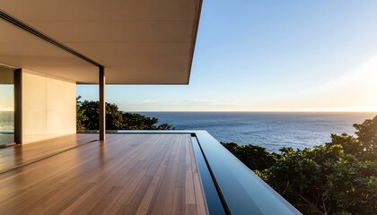 Fototapeta premium Luxury modern balcony overlooking the tranquil ocean at sunset.