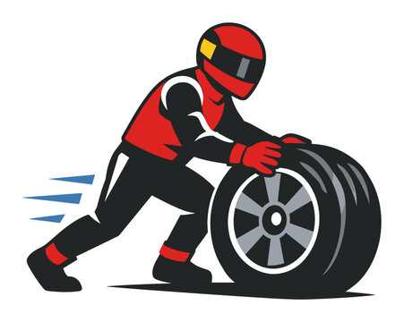 Motorsport professional in racing suit and helmet pushing a car tire, representing speed, teamwork, and efficiency in pit stops