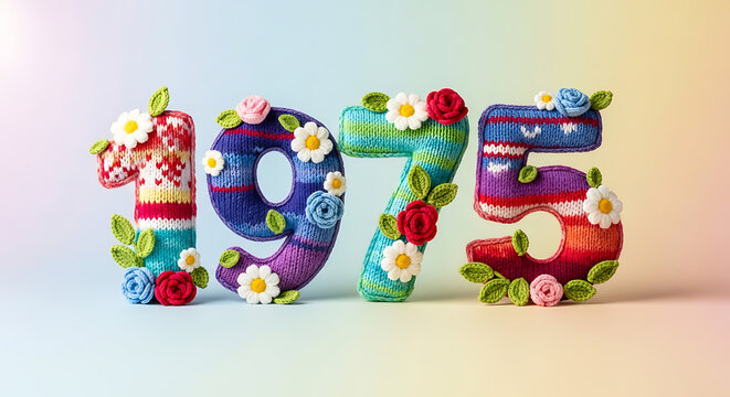 Happy 1975 knitted numbers decorated with flowers and leaves, bright and colorful celebration of a past year