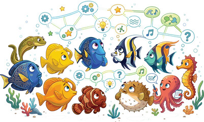 Cartoon Ocean Fish Community Illustration with Colorful Tropical Fish, Seahorse, Puffer Fish, and Social Network Elements for Underwater and Kids Designs © Monirul