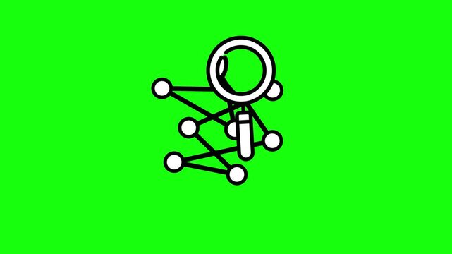 Magnifying glass icon and network of connected dots, animation of network analysis and connection symbol, data, Internet. HD video with chroma key, green screen for transparent background.