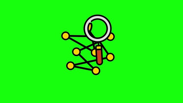 Magnifying glass icon and network of connected dots, animation of network analysis and connection symbol, data, Internet. HD video with chroma key, green screen for transparent background.
