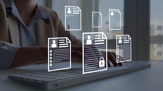 Protecting herself from cyber attacks. Documents confidentiality,cyber security protection concept. Software for security, searching and managing corporate document and employee information.	
