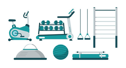 Obraz premium Gym Equipment Ensemble: Fitness Machines, Weights, and Exercise Accessories Illustrated in Color