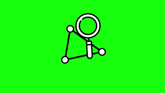 Magnifying glass icon and network of connected dots, animation of network analysis and connection symbol, data, Internet. HD video with chroma key, green screen for transparent background.