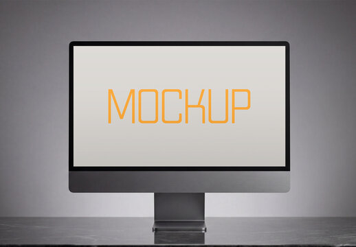 Front View of Modern All-in-One Desktop Computer Monitor Mockup on Dark Marble Desk with Blank Screen for Branding Showcase