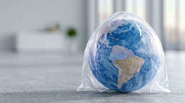 Plastic bag covering planet Earth globe. Environmental crisis concept. Threat of non-biodegradable waste to nature. Modern ecosystem damage and global climate change problem. Human impact.