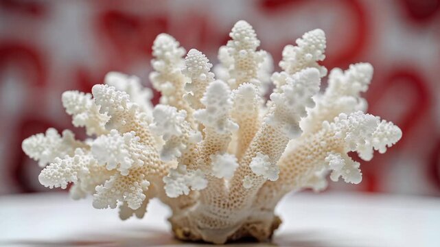 Closeup of a delicate white coral specimen on a blurred background.