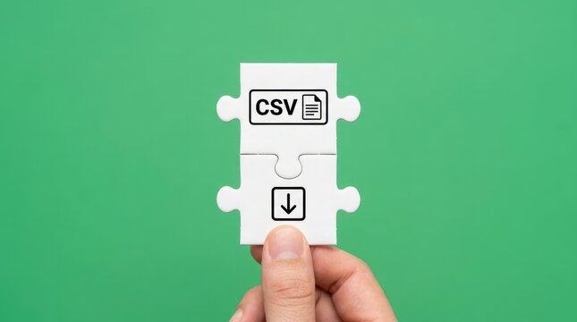 Hand joining puzzle pieces with CSV icon and download symbol on green background