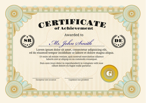 Certificate with guilloche frame. Paper award diploma template or gift certificate with swirling anti counterfeiting patterns in blue and gold. Symmetrical vector certificate of academic achievement