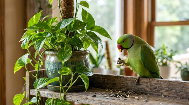 Green parrot eating seeds on a wooden tray next to a potted plant
