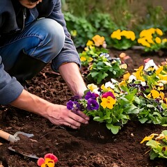 Fototapeta premium Person planting colorful flowers in a garden bed