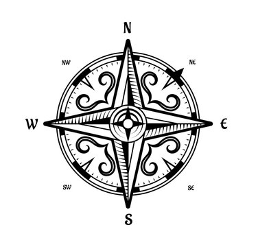 Vintage navigation map compass direction symbol. Medieval geographic discovery era isolated direction symbol, antique geography navigation compass. Vintage historical map monochrome wind rose