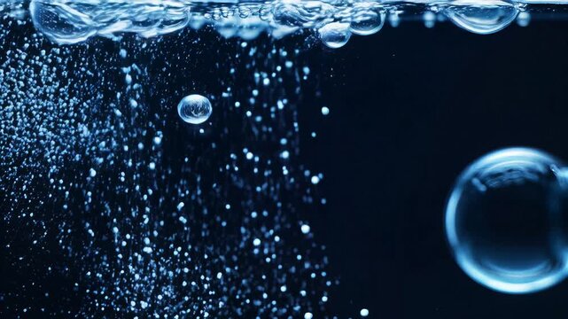 Close up of blue bubbles rising in dark water with light reflections.