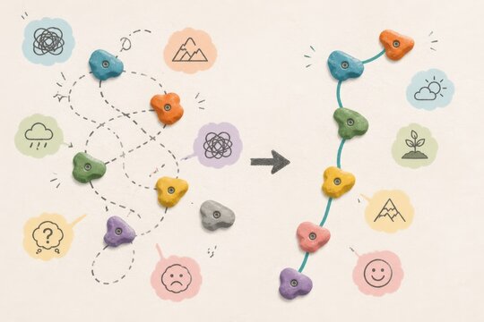 Conceptual transformation from chaotic path to organized process with colorful pebbles and arrows