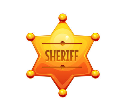 Wild West golden sheriff star badge, western police officer shield. Glossy six pointed gold star with ball tips and Sheriff lettering. Cartoon vector badge for game UI design or Wild West party