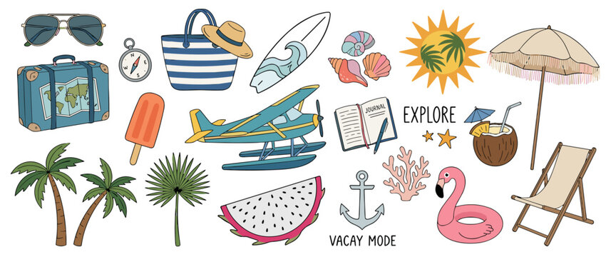 Tropical Summer Vacation Doodle Icon Set with Beach Travel Essentials and Exotic Island Elements