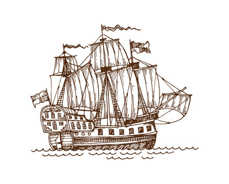 Vintage pirate wooden sail ship and sailboat, European galleon and warship. Majestic vintage sailing vessel featuring three towering masts with billowing sails. Engraved vector sail ship