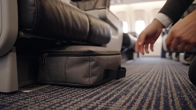 A person placing a gray travel bag under an airplane seat in the cabin