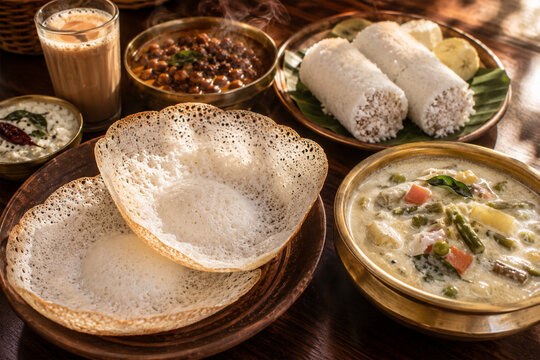 Traditional Kerala Breakfast with Appam Puttu Kadala Curry and Stew