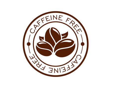 Caffeine free icon, sign badge featuring bold brown coffee beans with leaf. Vector circular stamp design with Caffeine Free text for decaf coffee packaging and organic beverage products