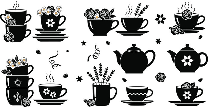 Floral Tea and Coffee Cup Icon Set Featuring Teapots, Mugs, Flowers, and Steam for Cozy Beverage and Kitchen Designs