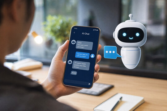 Over the shoulder view of a person using a smartphone with an AI chat interface and a 3D robot assistant for automated customer support and digital order help in an office.