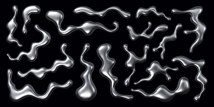 Liquid metal chrome blobs, drops and silver squiggly 3D abstract shape, realistic vector. Liquid silver metal piece splashes of chrome melt or mercury fluid drips and metallic silver paint wavy flows