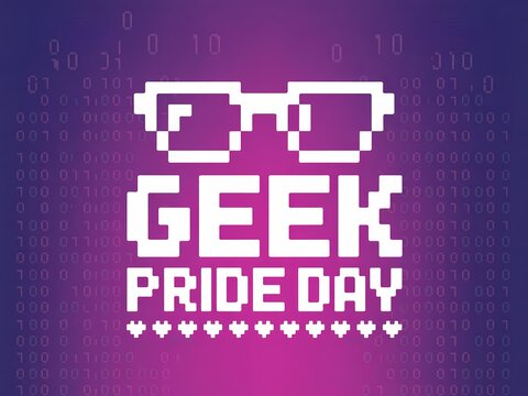 Geek pride day celebration poster with pixel art glasses and binary code background