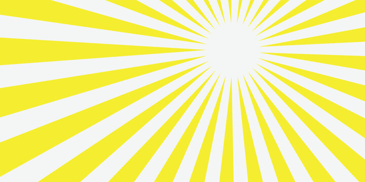 Yellow and white sunburst radial background. Vector comic style starburst with rays emanating from an off-center point. Bright pop art wallpaper.