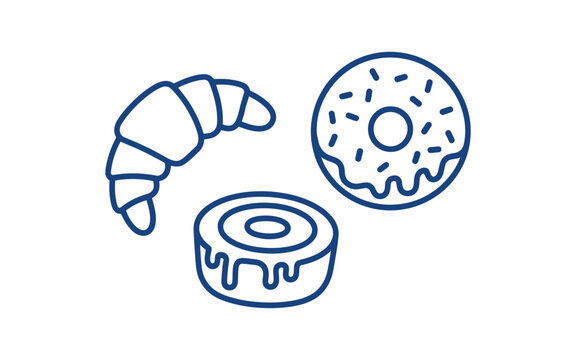 croissant donut and eclair line icons on white background