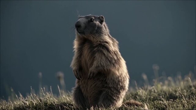 Cute marmot standing upright on grassy field in mountain nature