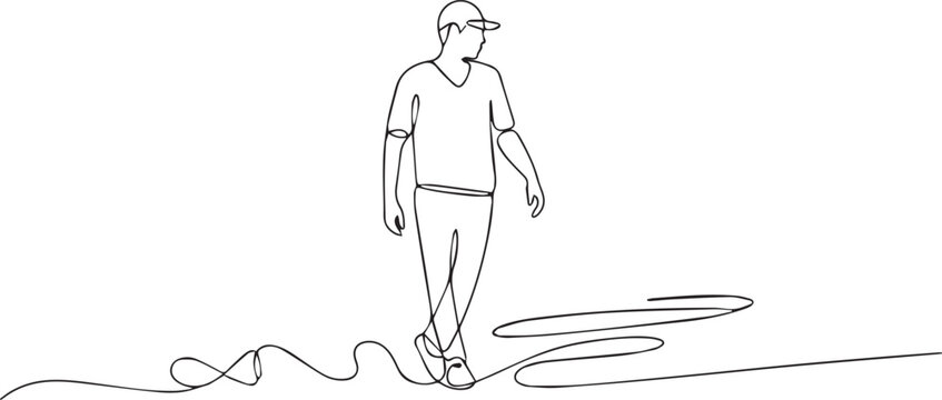 A man walking alone on a path with a continuous line drawing style