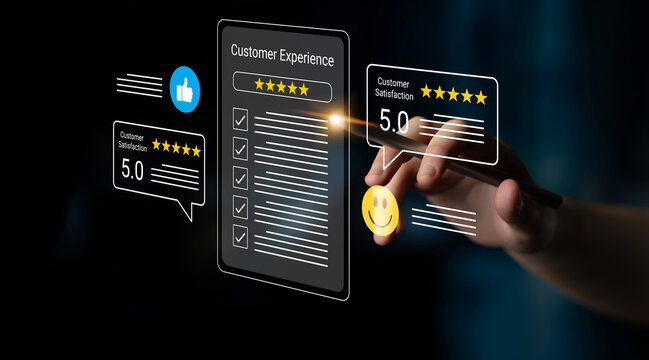 A hand interacts with a digital display showcasing customer experience metrics, emphasizing feedback, ratings, and satisfaction levels in a modern technology environment. Cyphers