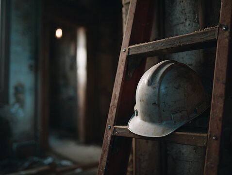 A dusty hard hat resting on a wooden ladder in an abandoned site, symbolizing unemployment, industrial decline, economic stagnation, and a halt in labor productivity.